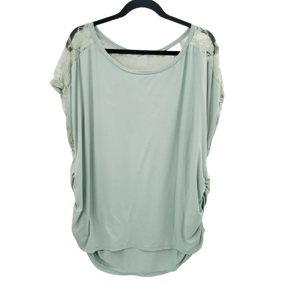 Paper & Tee Green Knit Top Womens 2x Ruched Sides Lace Accents Short Sleeve